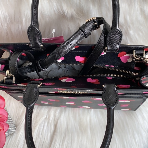 Kate Spade  Staci Flutter Hearts Heart Printed Medium Satchel Black crossbody - Picture 9 of 10